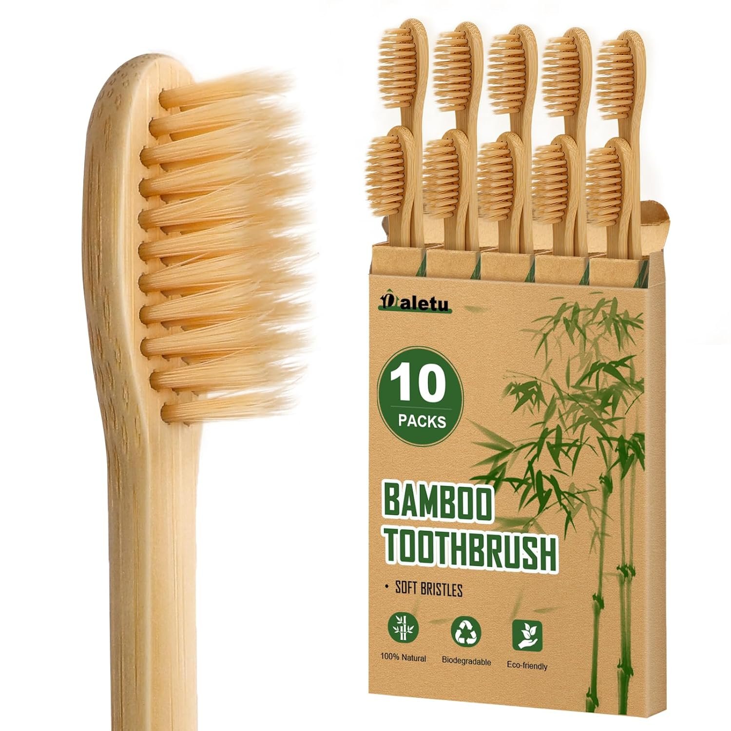 Bamboo Toothbrushes Soft Bristles 10 Pack, Biodegradable BPA Free Soft Bristles Toothbrushes for Adult, Eco-Friendly, Natural Wooden Organic Toothbrush
