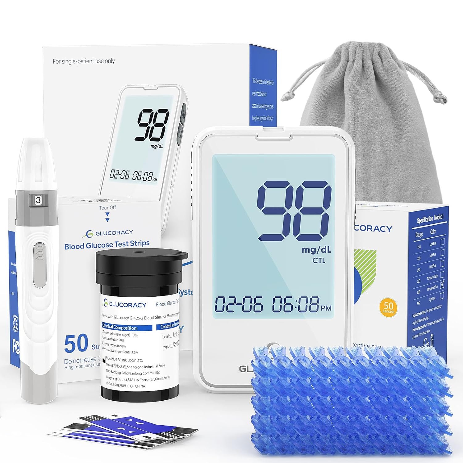 Glucoracy G-425-2 Blood Glucose Monitor Kit, 50 Test Strips and 50 Lancets, Blood Sugar Test Kit with Lancing Device, Diabetes Testing Kit No Coding,Glucose Meter for Home Use