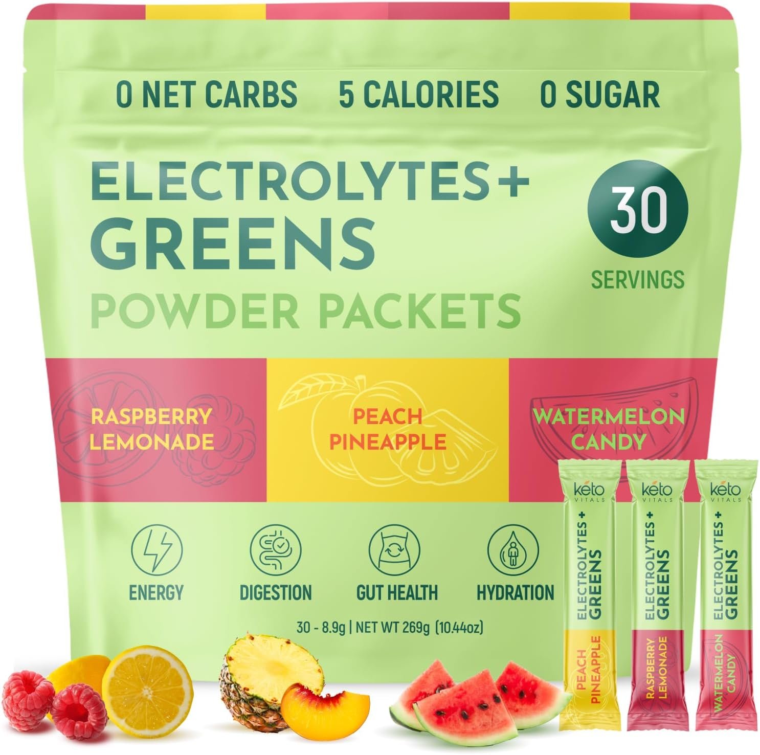 Keto Vitals Keto Electrolytes Plus Greens Superfood Powder Packets – 30 Servings Super Greens Powder Packets with Sugar Free Electrolytes for Hydration, Gut Health & Digestion – Green Drink Mix