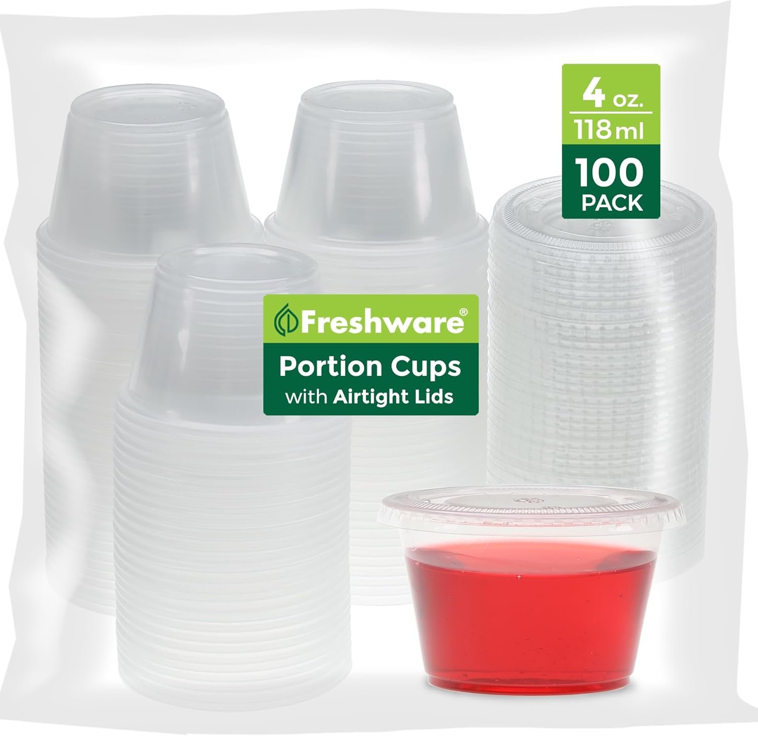 Freshware Plastic Portion Cups with Lids [4-Ounce, 100 Sets] – Souffle, Sampling, Sauce, Snack, Dressing, Jello Shot Cups, Plastic Containers, BPA Free