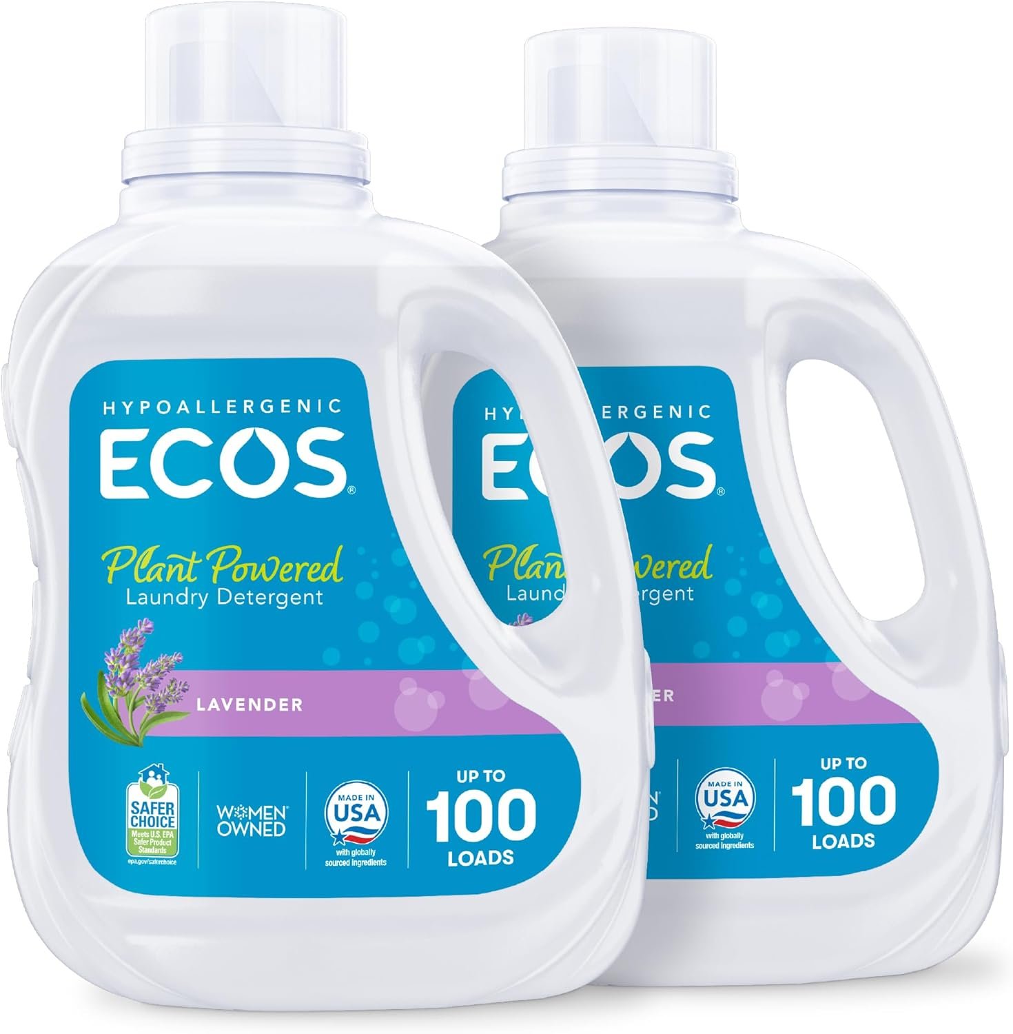 ECOS Laundry Detergent Liquid, 200 Loads – Dermatologist Tested Laundry Soap – Hypoallergenic, EPA Safer Choice Certified, Plant-Powered – Lavender, 100 Fl Oz (Pack of 2)