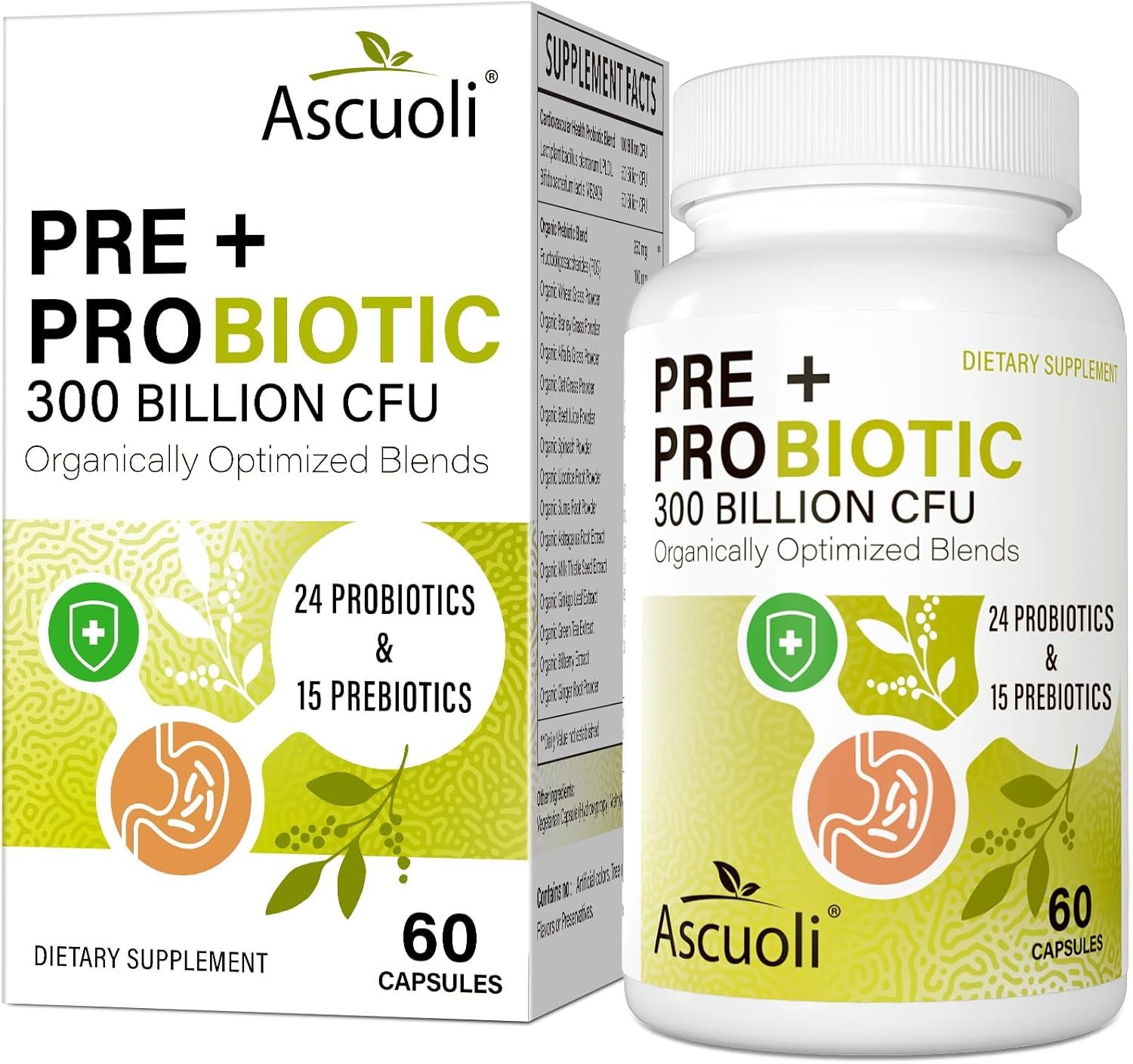 Ascuoli Probiotics for Women & Men – 300 Billion CFU, 24 Strains Probiotics + 15 Organic Herbs Blend, Daily Probiotic for Digestive Health, Immune, Gut, Bloating – 60 Capsule