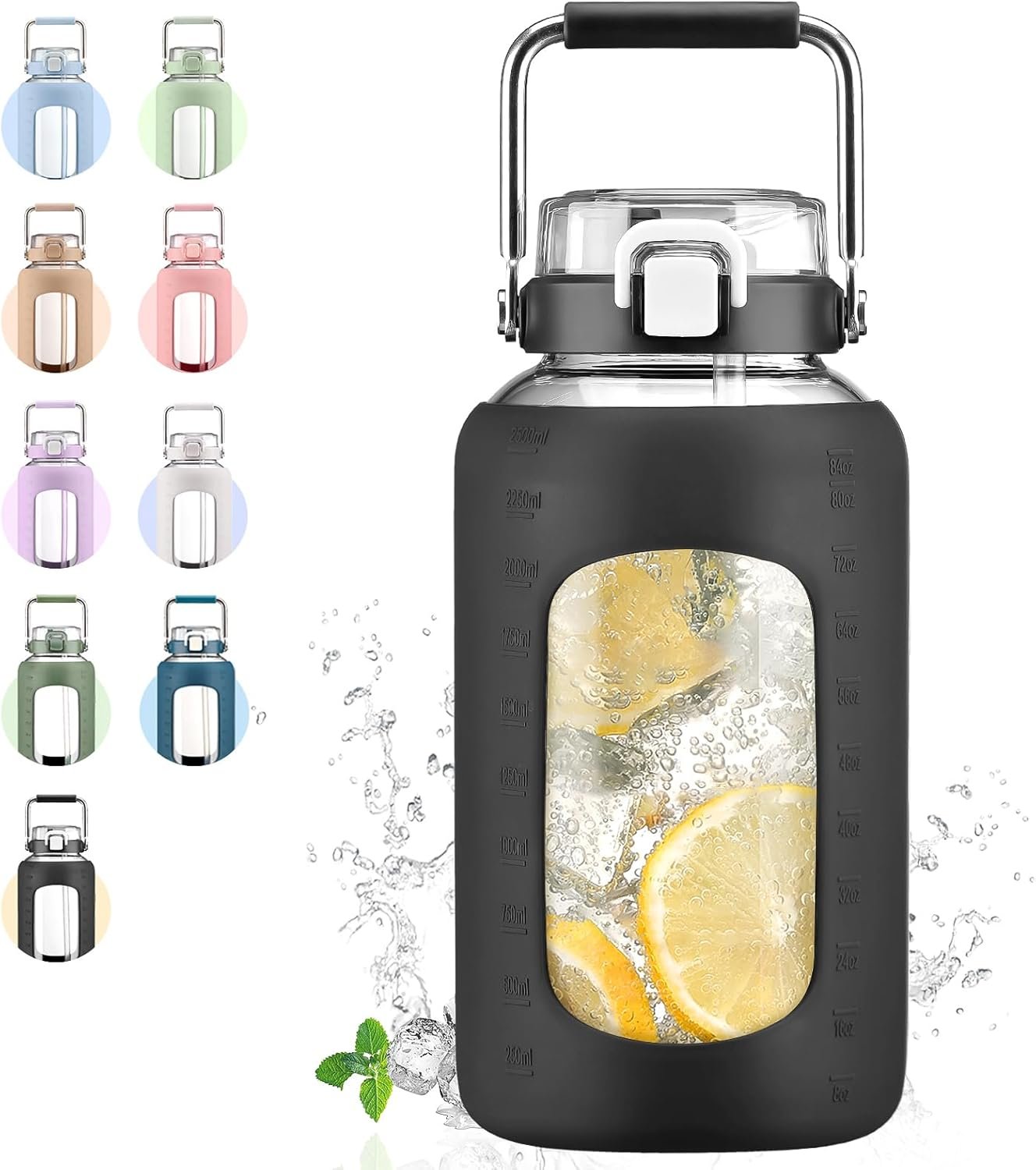 84oz Glass Water Bottle with Stainless Steel Handle,2.5L Gallon Water Bottle with 2-IN-1 Straw Lid, Silicone Sleeve and Motivational Capacity Marker, Wide Mouth Water Jug For Gym, Workout, Black