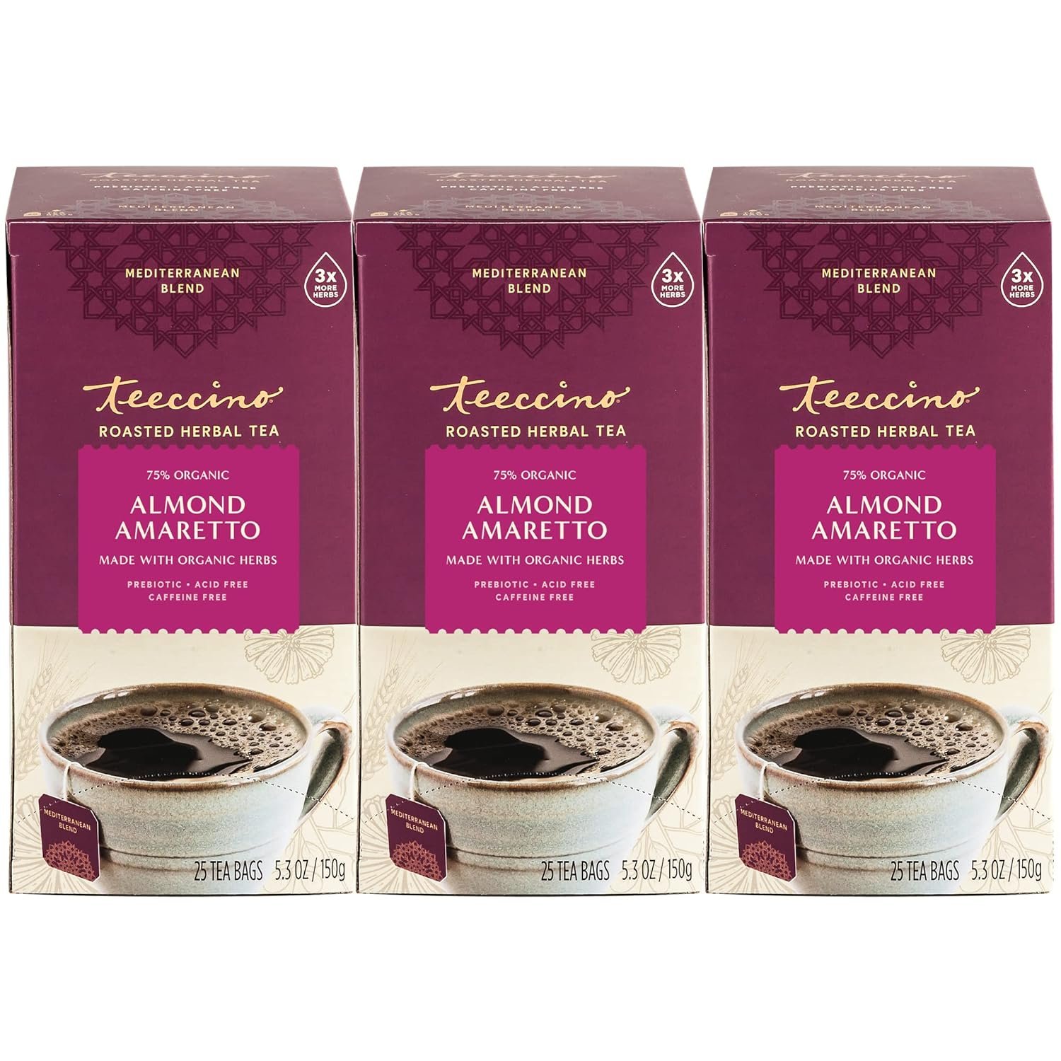 Teeccino Almond Amaretto Herbal Tea – Rich & Roasted Herbal Tea That’s Caffeine Free & Prebiotic for Natural Energy, 25 Tea Bags (3 Pack)
