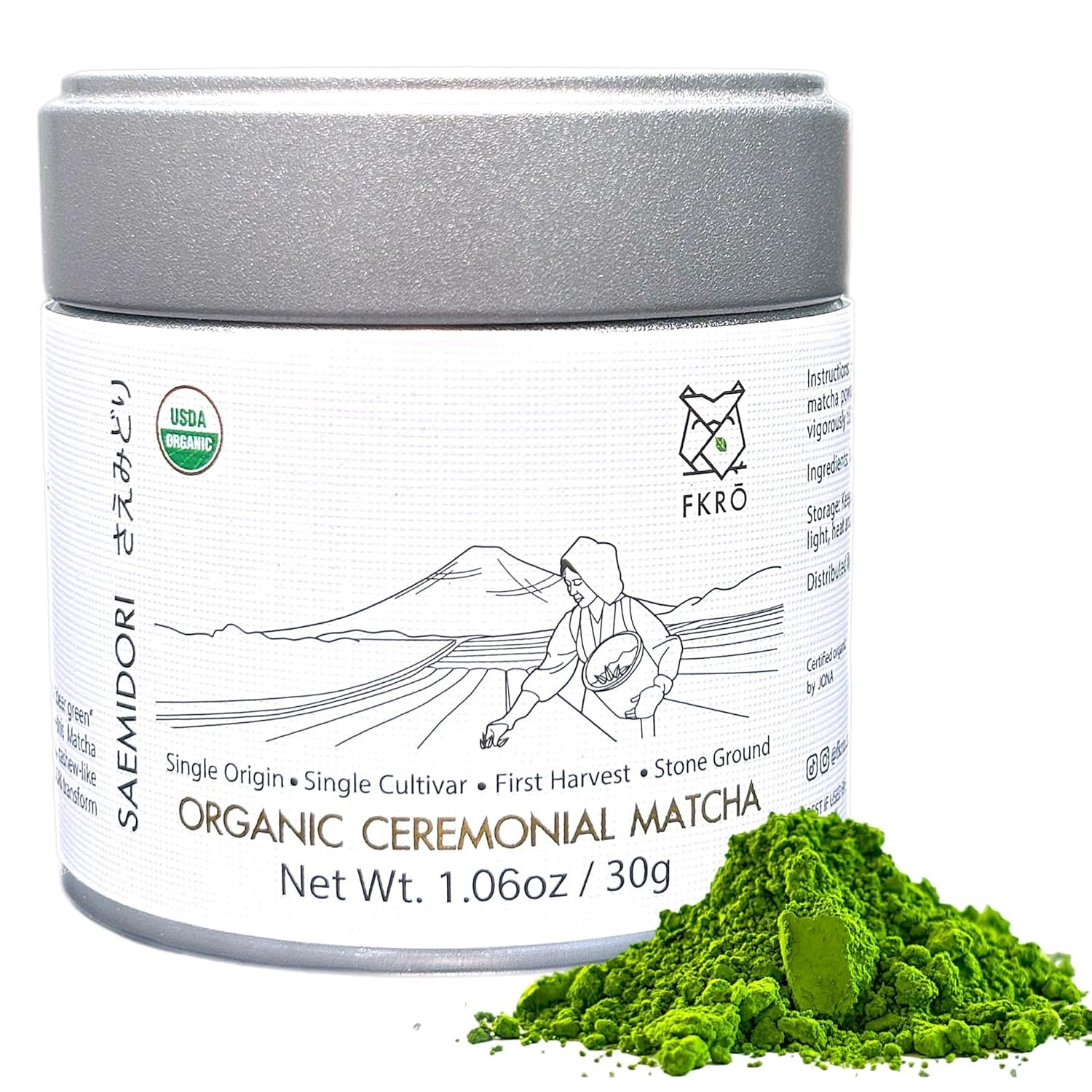 FKRO Organic Ceremonial Grade Matcha Green Tea Powder | 1st Harvest, Single Origin, Single Saemidori Cultivar | Flown in Fresh from Japan Every Month (30g/1.06oz) Tin