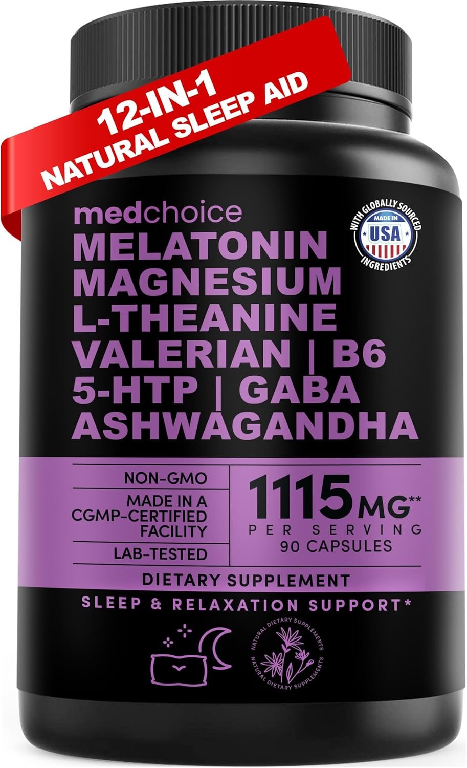 12-in-1 Melatonin Sleep Capsules – Natural Sleep Aids for Adults with Melatonin 5mg and Magnesium Glycinate 500mg, Sleep Aid with Ashwagandha, L Theanine, Valerian Root, GABA, 5-HTP (90ct, Pack of 1)
