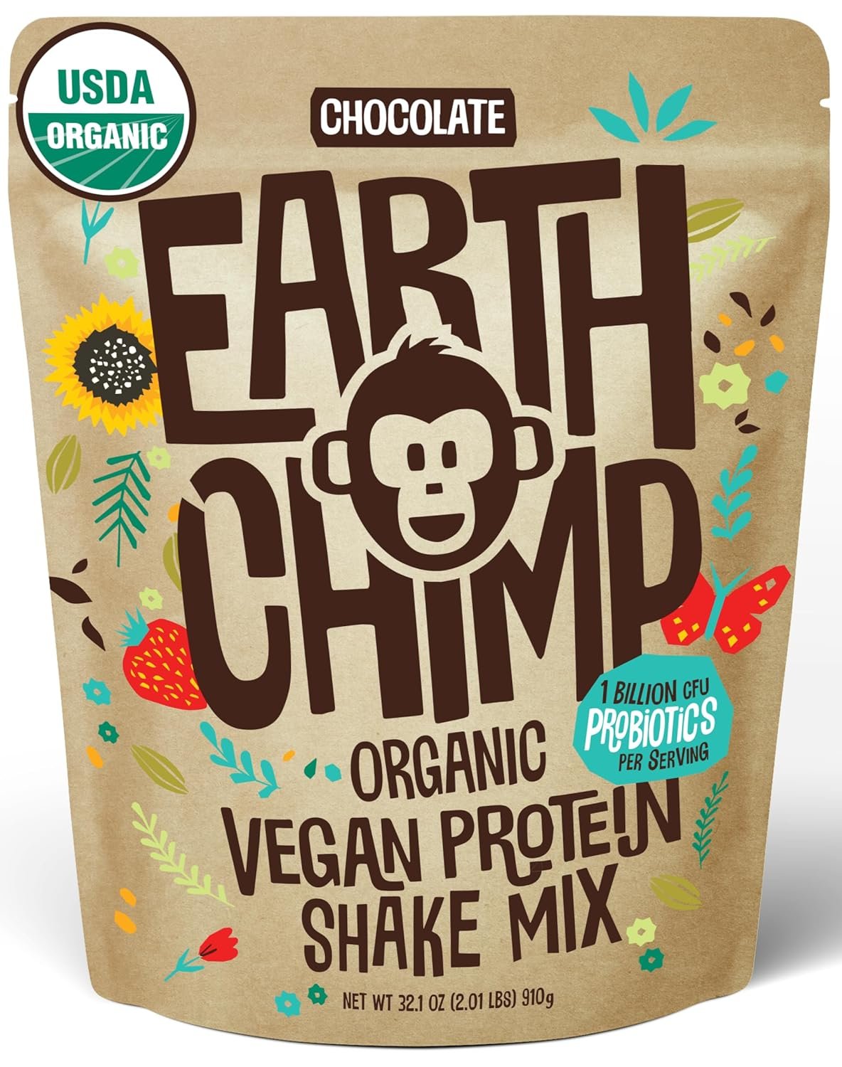 EarthChimp Organic Vegan Protein Powder – with Probiotics – Non GMO, Dairy Free, Non Whey, Plant Based Protein Powder for Women and Men, Gluten Free – 26 Servings 32 Oz (Chocolate)