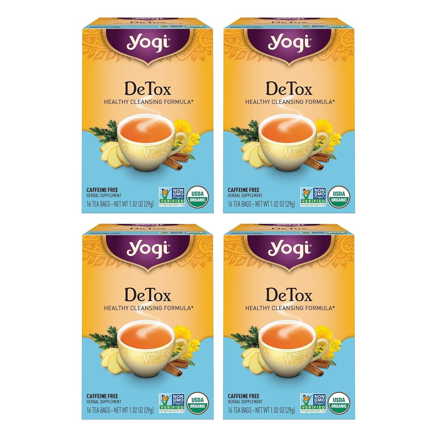 Yogi Tea DeTox Tea – 16 Tea Bags per Pack (4 Packs) – Organic Detox Tea for Digestive & Circulation Support – Includes Burdock, Dandelion, Ginger Root, Black Pepper, Cardamom & Juniper Berry