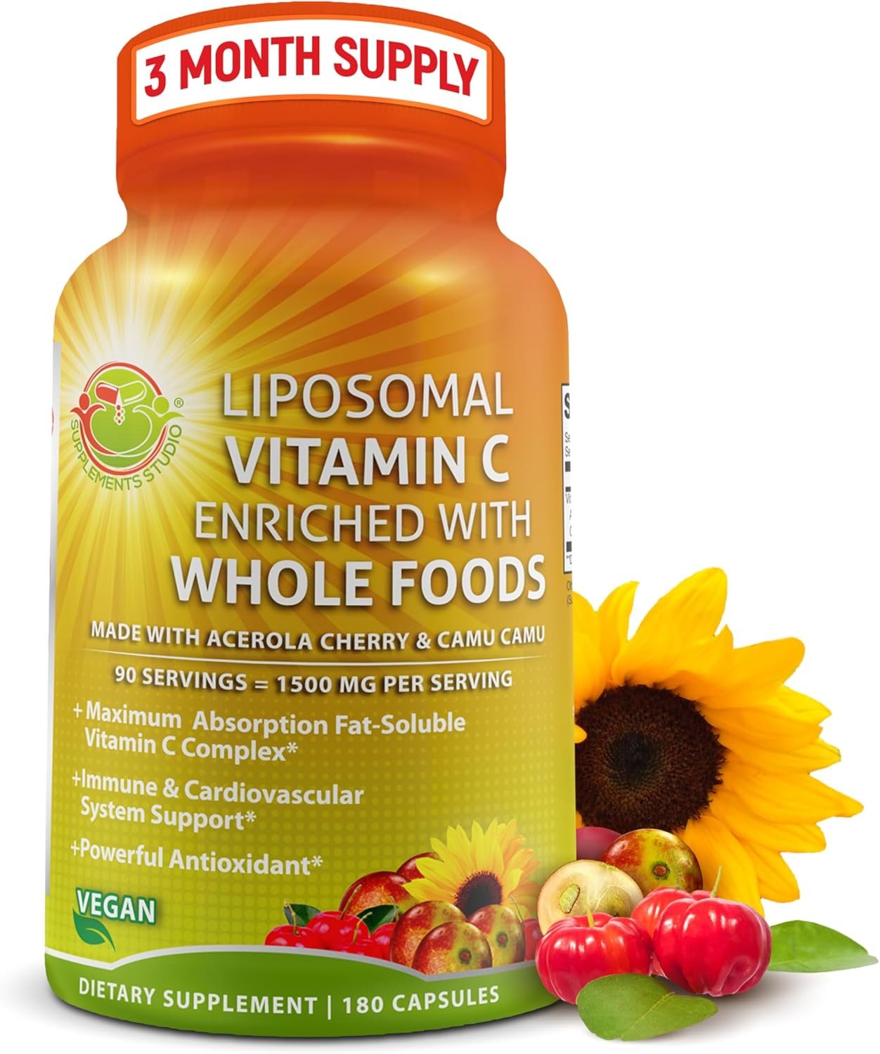 Liposomal Vitamin C Capsules – 1500mg – Made with Organic Acerola Cherries & Camu Camu, High Potency Vitamin C Liposomal – Immune Support Supplement, Enhanced Absorption & Bioavailability – 180 Count