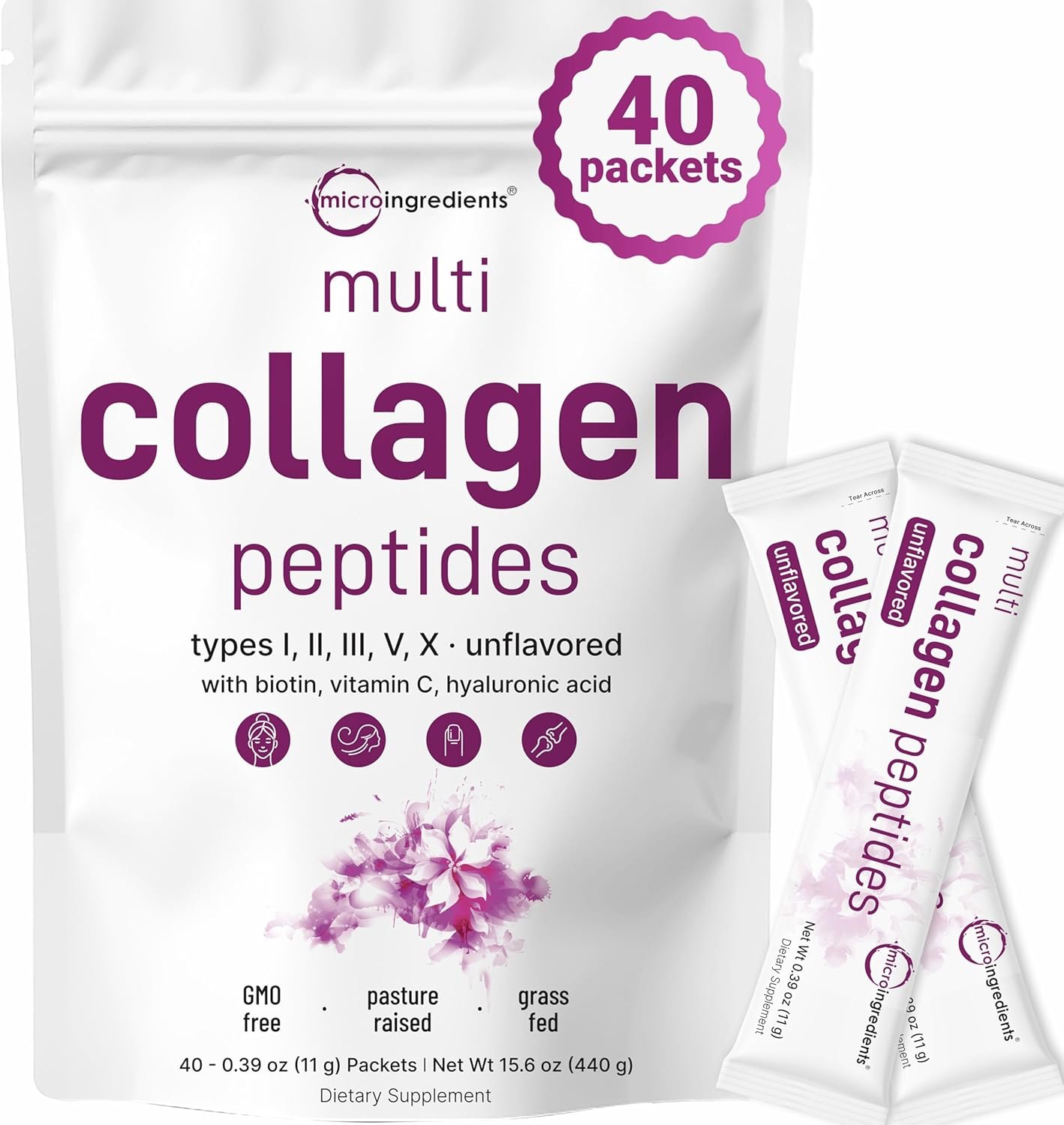 Micro Ingredients Multi Collagen Peptides Powder, 40 Stick Packs | Type I, II, III, V, X + Biotin, Vitamin C & Hyaluronic Acid | Unflavored | Supports Hair, Skin & Joint Health | Keto, Non-GMO