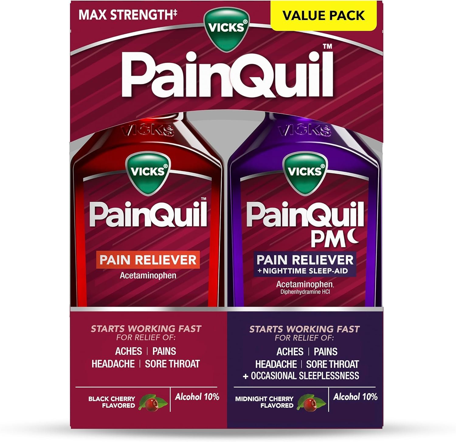 Vicks PainQuil & PainQuil PM Pain Relief Liquid, 1000mg Acetaminophen, 2×12 oz