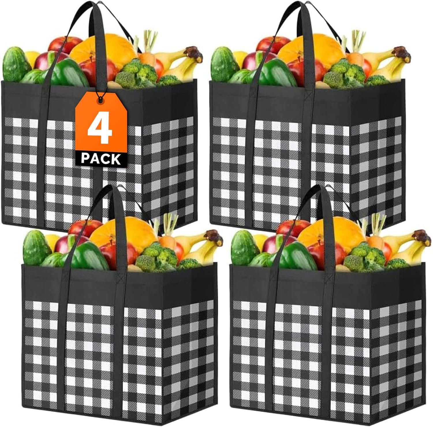 WOWBOX Reusable Grocery Bags,4-Pack, Foldable Reusable Shopping Tote Bags bulk with Reinforced Handles,Large Storage Bags with Water Resistant Coating for Groceries,Multipurpose,Black-White