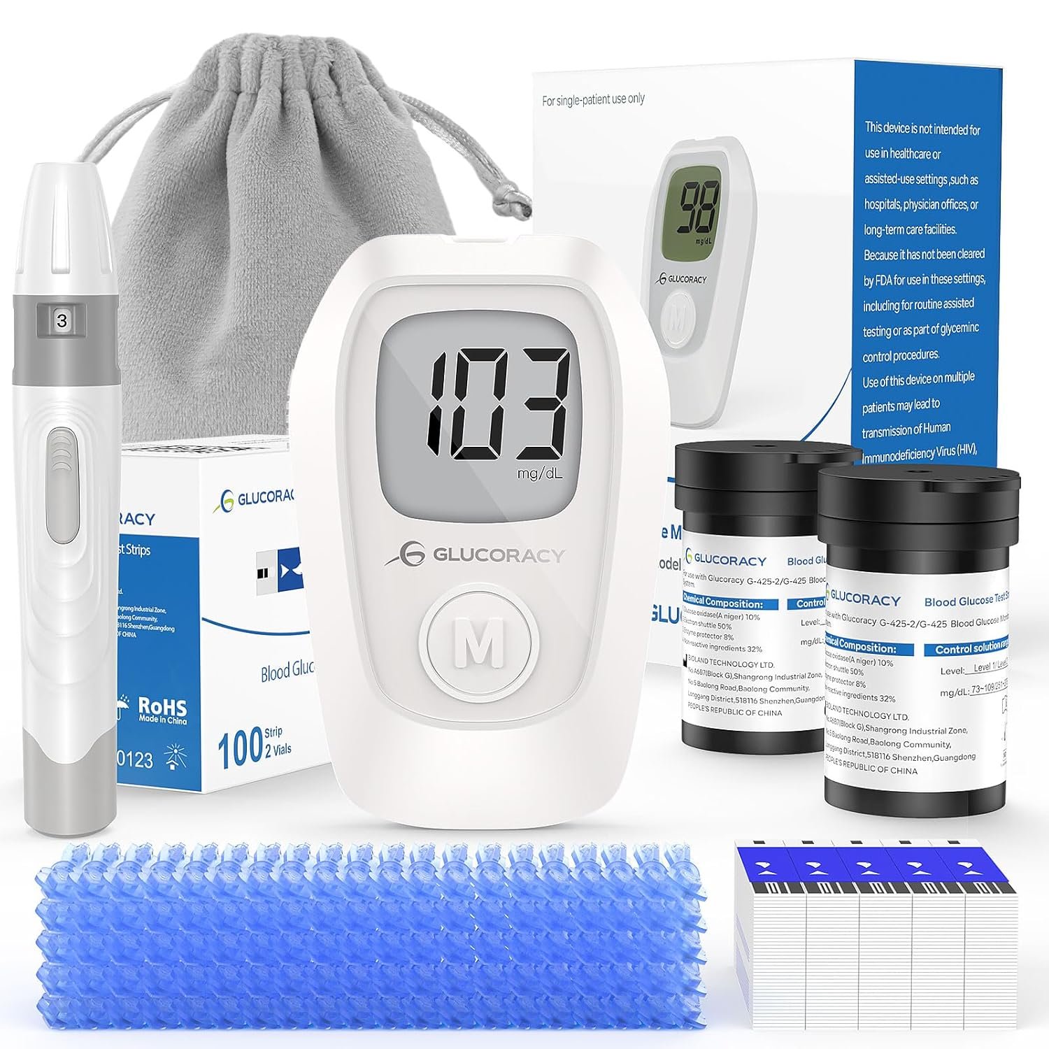 Glucoracy G-425 Glucose Monitor Kit, Blood Sugar Monitor with Glucose Meter, Lancing Device, 100 Test Strips and 100 Lancets, Blood sugar testing kit for Home Use, Diabetes Home Testing Kit