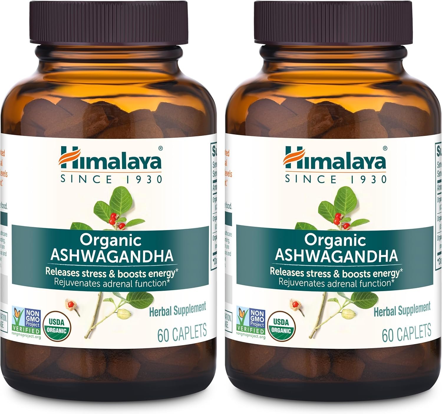 Himalaya Organic Ashwagandha Root, 120 Day Supply – Herbal Adrenal Support Supplements for Stress Relief and Energy Support – USDA Organic, Non-GMO, Vegan, Gluten Free, 60 Caplets, 2 Pack