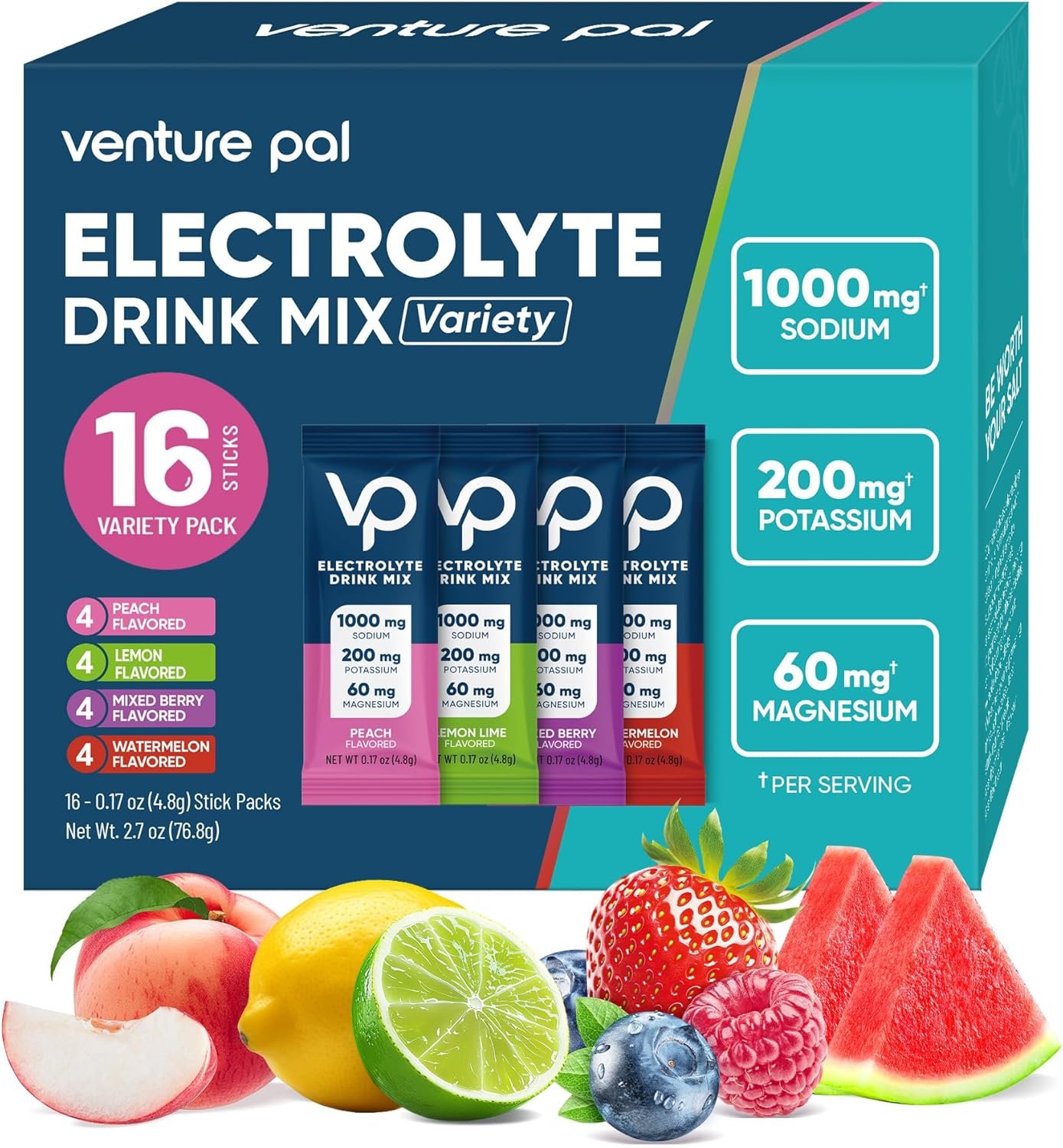 Venture Pal High Sodium Sugar-Free Electrolyte Powder Packets – Hydration Packets with Sodium, Potassium & Magnesium | Zero Calories | Vegan, Keto, and Paleo Friendly | 16 Sticks