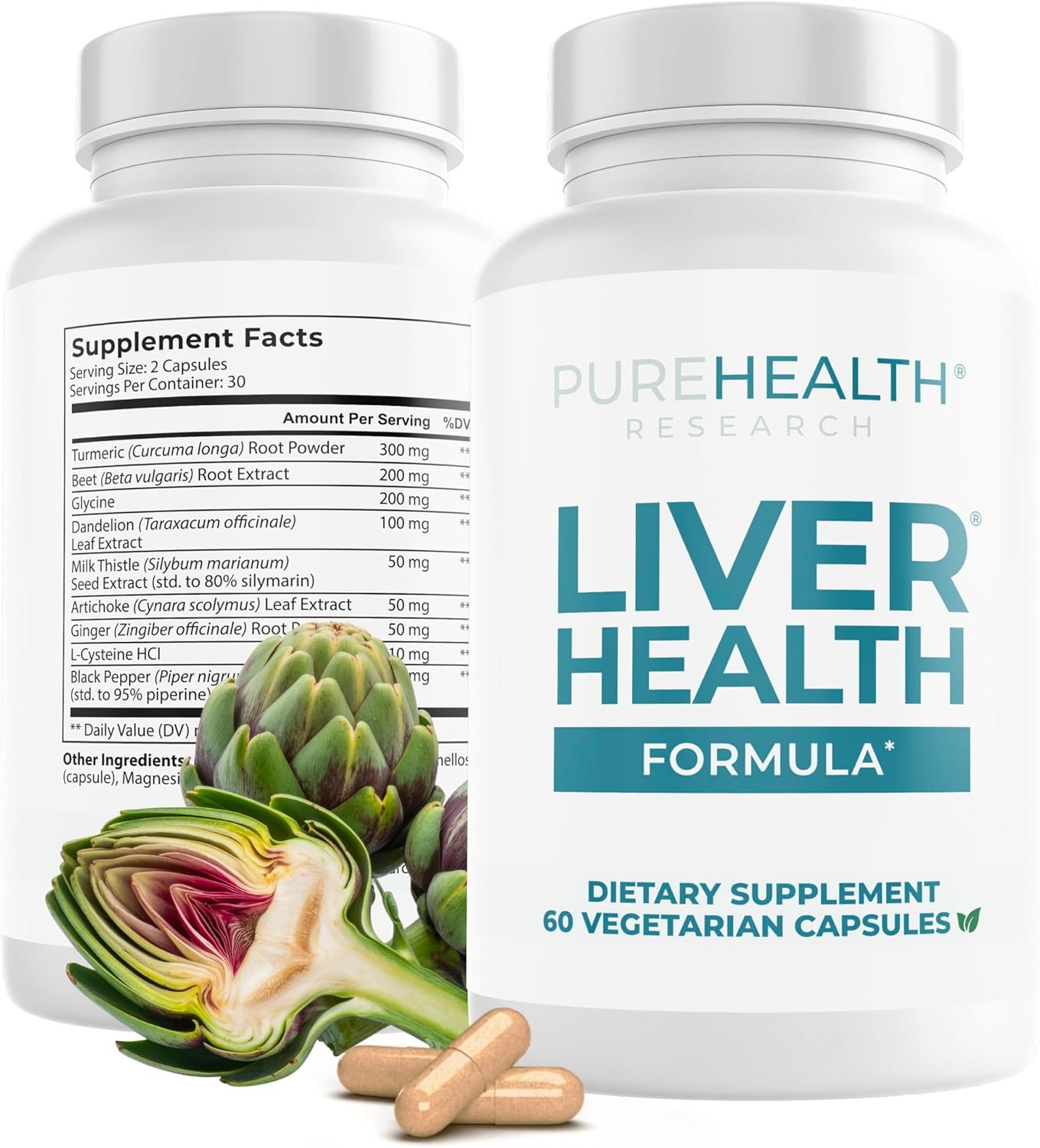 PUREHEALTH RESEARCH Liver Health – Liver Cleanse Detox & Repair with Artichoke Extract, Milk Thistle, Dandelion Root, Turmeric, Beet Root to Healthy Liver Renew with 11 Natural Nutrients, 60 Capsules